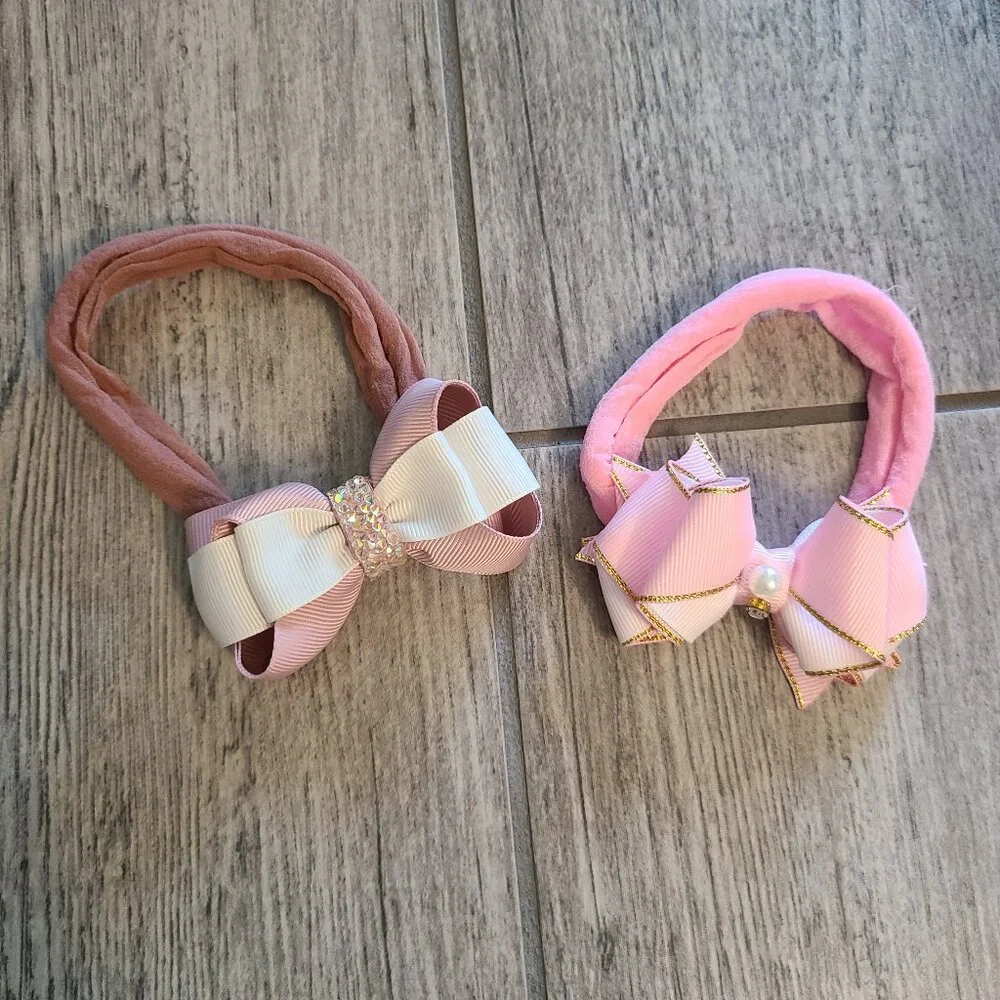 Handmade Baby Girl Headbands with Bows – Pink & White Ribbon Accent (2)